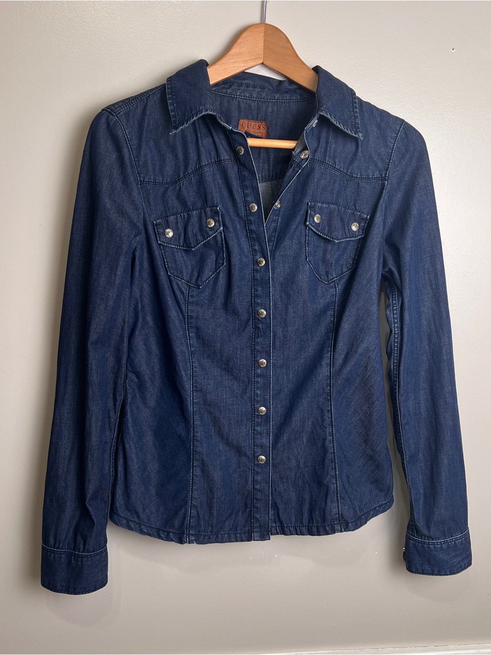 Guess Dark Wash Long Sleeve Cotton Denim Jean Shirt, Metal Snaps, Size S,  EUC